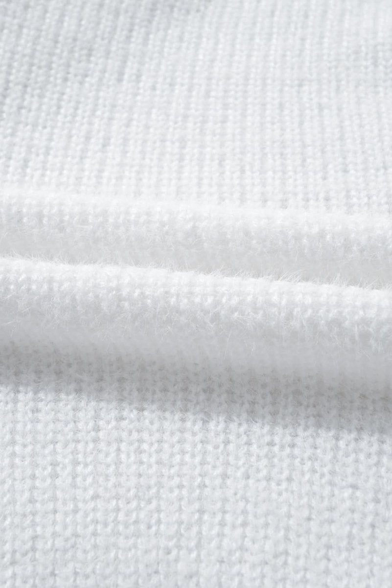 White Pearl Beaded Heart Pattern Fuzzy V Neck Sweater - Love Salve